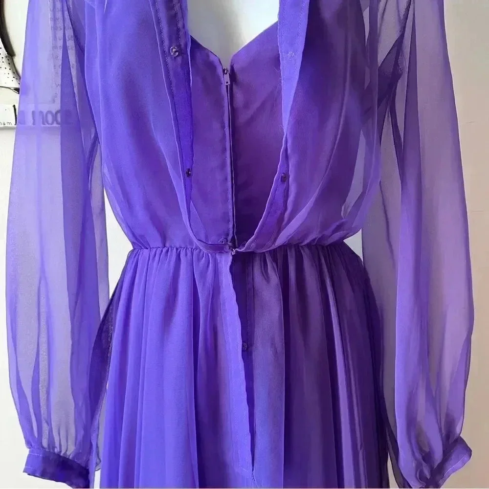 Vintage 60s Purple Chiffon Sheer Long Sleeve Pintuck Dress Size 12